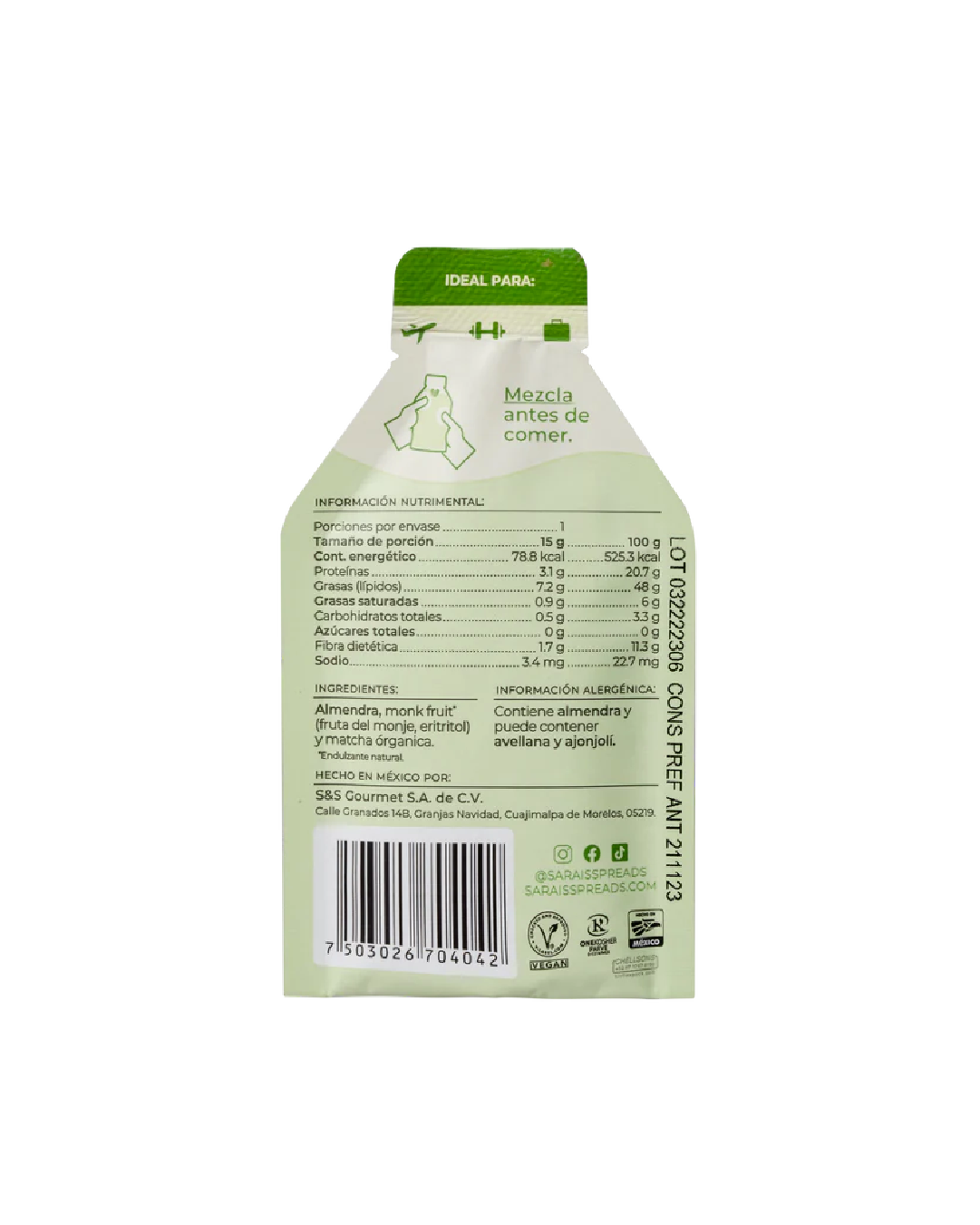 Sachet Crema de Almendra con Matcha 15g